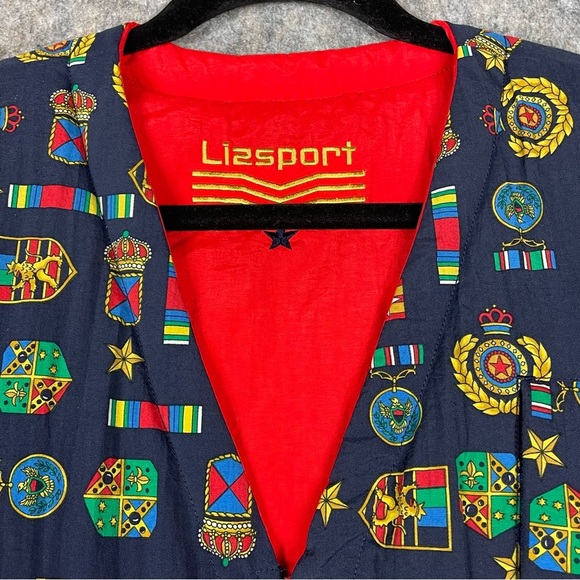 Vtg LizSport Medal Print/Red Reversible Preppy Vintage Military Zip Vest - Sz L - Picture 8 of 16